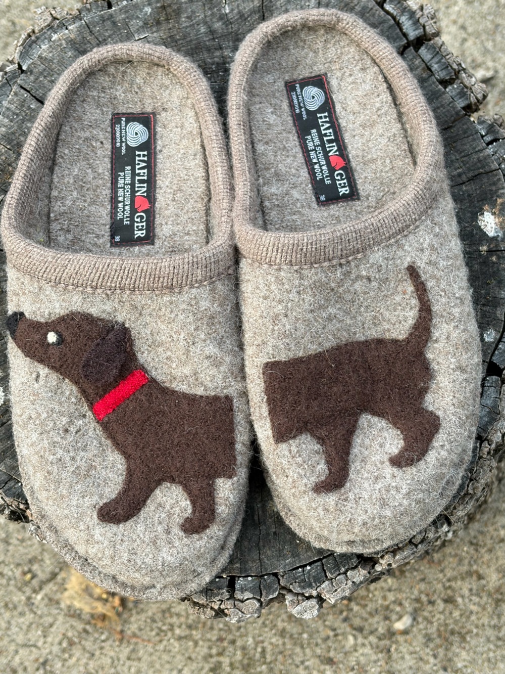 Haflinger Brown Wool Slippers with dog Applique EU 38